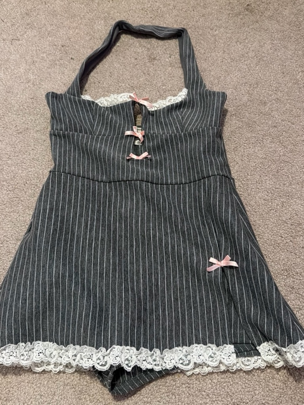 Urban Outfitters Charcoal Pinstripe Halter Mini Dress with Pink Bows